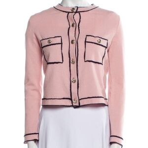 Authentic CHANEL Pink Cardigan with Navy Trim
